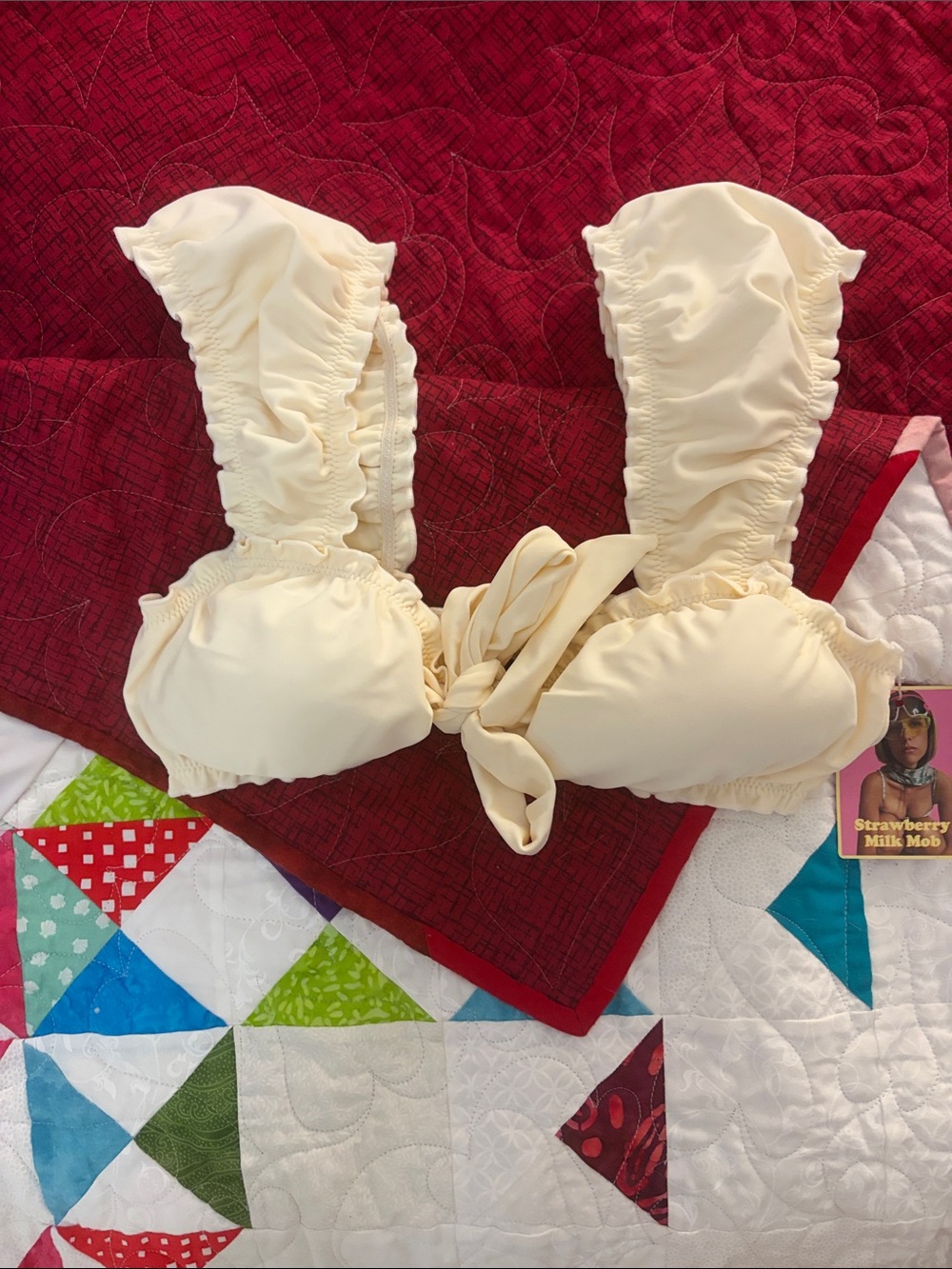 Strawberry Milk Mob Cream Ruffled Tie-Front Bikini Top